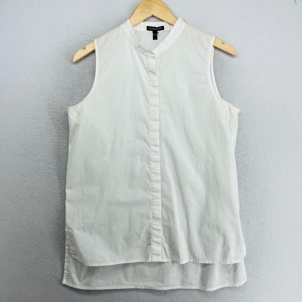 EILEEN FISHER Top S Organic Cotton Poplin Mandarin Sleeveless Button Up White